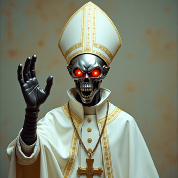 A cybernetic humanoid depicting a futuristic priest with metallic features and ceremonial religious attire, showcasing a blend of technology and tradition