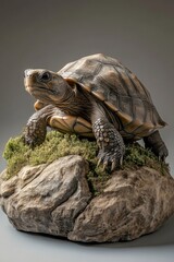 Obraz premium A realistic turtle sculpture resting on a rock, surrounded by lush greenery, showcasing intricate details.