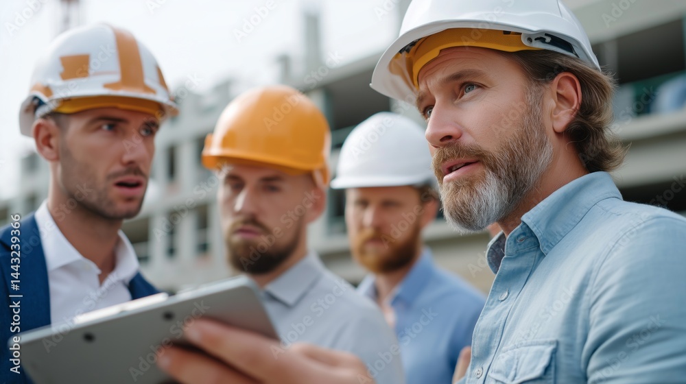 Aufkleber a group of construction engineers engages in a collaborative discussion, reviewing plans on a tablet