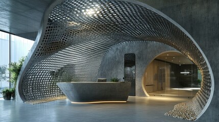 Obraz premium Modern office lobby reception desk, concrete walls, metal mesh ceiling, city view