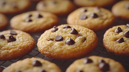 Golden Brown Chocolate Chip Cookies Cooling on a Wire Rack