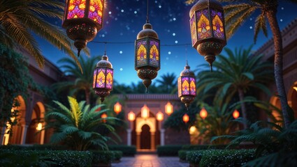 Obraz premium Glowing lanterns illuminate a tranquil courtyard at night. Warm light creates a magical atmosphere among lush greenery.
