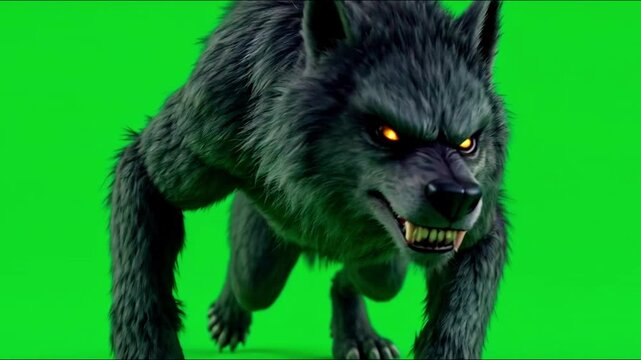 A werewolf paces and glances around warily, set against a green screen backdrop perfect for high-intensity VFX scenes.