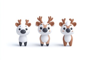 Obraz premium Three cute cartoon reindeer figurines standing in a row on a white background.