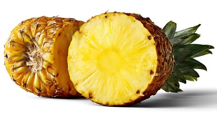 Ripe pineapple, cut in half, showing juicy yellow flesh