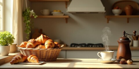 Golden-brown pastries in a wicker basket on a sunlit kitchen counter next to a steaming cup and a wooden coffee grinder.