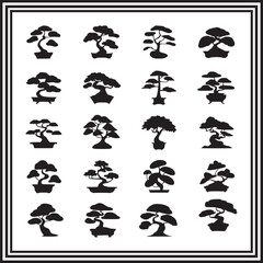 Twenty bonsai tree silhouette vector icons – stylized Japanese miniature trees in various shapes for zen, nature, and decorative themes