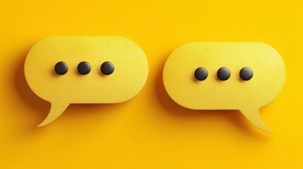 Two yellow textured speech bubbles with black dots on yellow background.