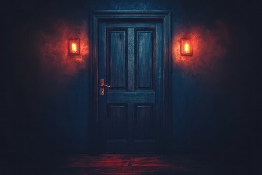 Dark room, old wooden door, red lights, mystery. Horror movie, game background
