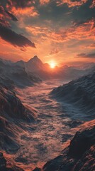 Fototapeta premium Breathtaking mountain landscape at sunset, highlighting the vibrant colors and dramatic shadows across the valley.