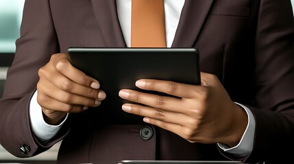 Person in a suit uses a tablet, focusing on hands and device, soft-blurred background
