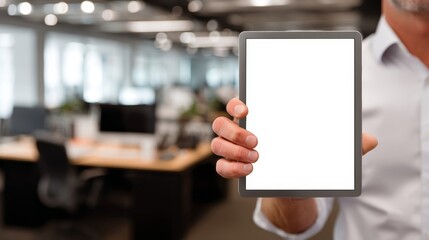 Businessman holding digital tablet with blank screen in modern office space.