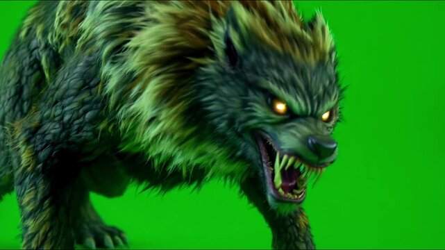A fierce and ravenous werewolf prowls menacingly, eyes darting as it surveys its surroundings. It is isolated on a green screen background for easy compositing.