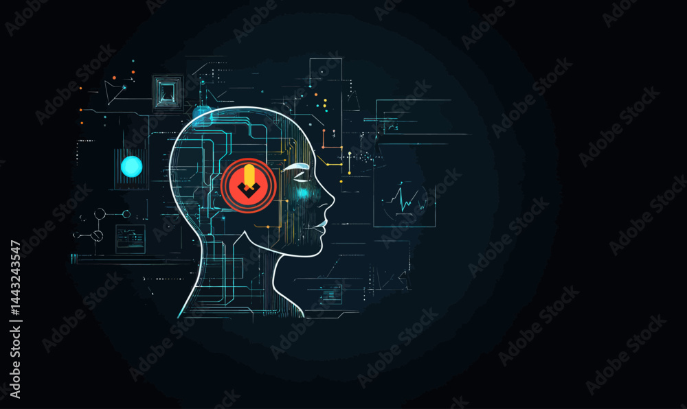 Wall mural futuristic artificial intelligence interface with head profile in minimalist style