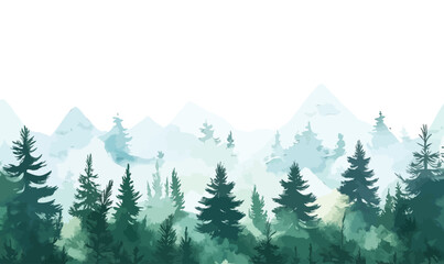 Fototapeta premium Minimalist Watercolor Green Pine Forest Landscape Banner Vector Art