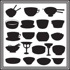 Bowl and cup silhouette collection – vector food and drink container set with noodle bowls, teacups, soup dishes, goblets, kitchen icons for menu, labels, design elements
