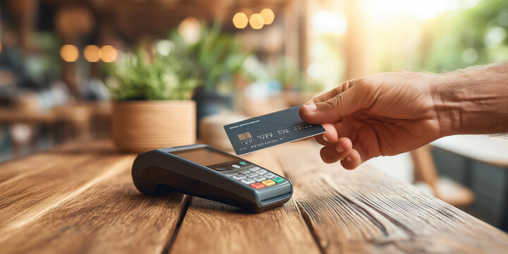 A close-up of a person's hand holding a contactless credit card above a wireless payment terminal. Wireless technology concept.