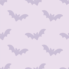 Halloween Bat Seamless Vector Pattern, cute playful flying bats in light purple sky background