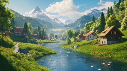 Fototapeta premium Tranquil valley river flows through alpine village