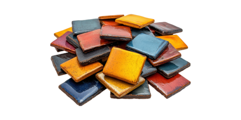 Colorful Ceramic Tiles Pile. Vibrant Glazed Tiles For Interior Design And Artistic Projects Isolated On Transparent Background