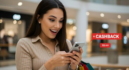 Excited Woman Receiving Cashback Notification on Her Smartphone While Shopping at the Mall