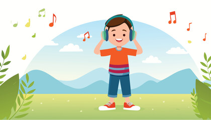 Boy listning to musig using headfone