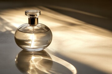 Clear glass perfume bottle, round shape, reflecting light, on a light beige surface  Sunlight casts shadows