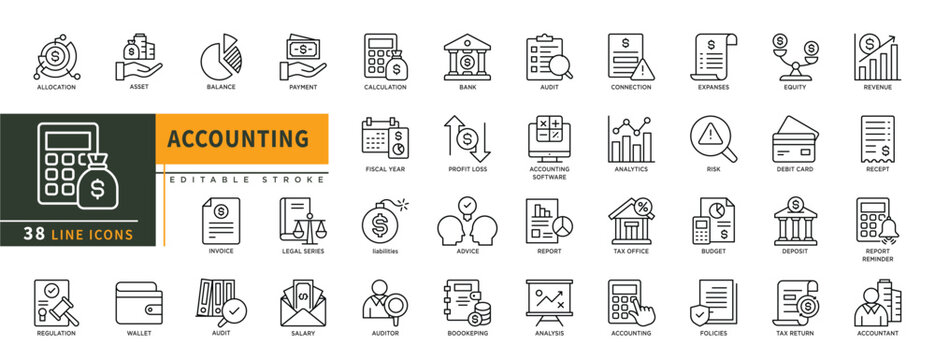 Minimalist Accounting line icons set with editable stroke, featuring allocation, asset,  balance, payment, invoice, regulation, auditor, bank, audit, connetion, risk, equity. thin linear illustration.
