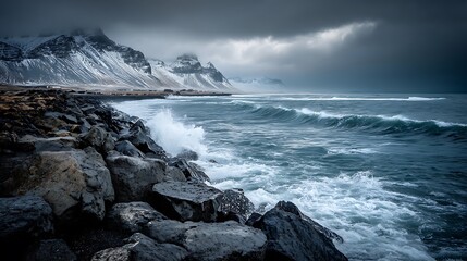Obraz premium Rocky shore, waves, and snowy mountains