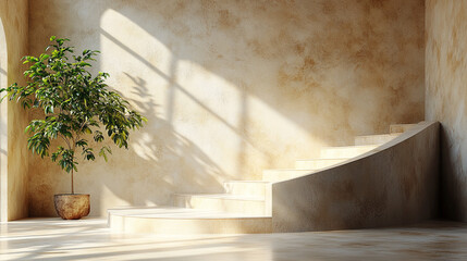 Sunlit room, spiral staircase, potted plant, arched doorway