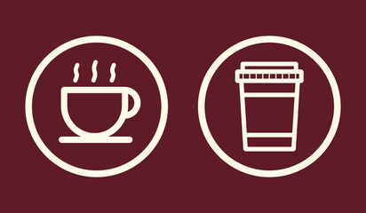 Coffee cup icons set, Hot beverage symbols, drink icons, to-go cup sign, caffeine symbols, mug icon set, breakfast elements, red background, vector illustration.