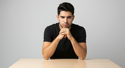 Portrait of a Pensive Young Man with a Serious Expression, Contemplative Pose and Intense Gaze