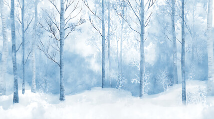 A serene winter forest scene with birch trees emerging from the snow, bathed in soft blue hues.