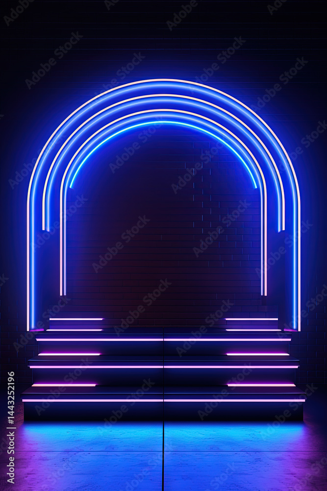Poster neon arch in dark blue lights room with clouds. abstract background for party stage or product displ
