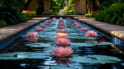 Pink water lilies floating in a garden reflecting pool with a fountain