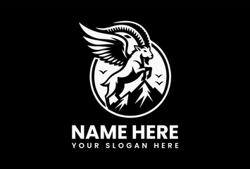 Monochrome Winged Ibex Mountain Illustration. Minimalist Fantasy Art