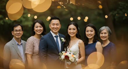 Elegant Couple Posing with Family at Outdoor Wedding Reception, Bokeh Lights