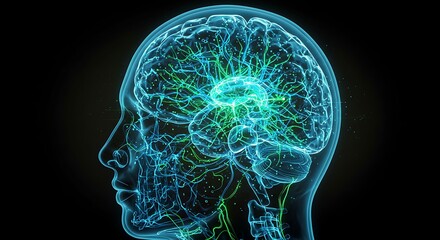 Transparent head showing neural circuits lighting up during data transfer