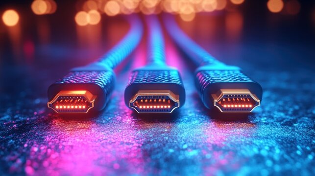 High-Definition Multimedia Interface Cables: Close-up of Three HDMI Cables with Neon Lighting