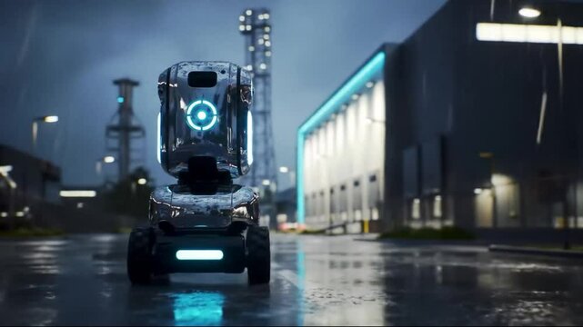 A futuristic robot patrols a rainy industrial zone, glowing with AI intelligence and modern design.