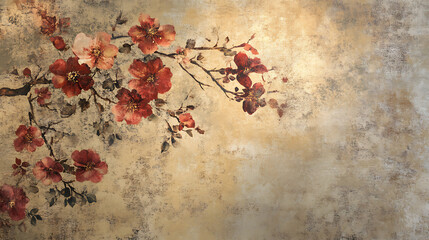 An elegant floral arrangement with deep red blossoms graces a textured, neutral-toned backdrop.