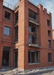House undergoing renovation, brickwork and scaffolding visible, roof, tools