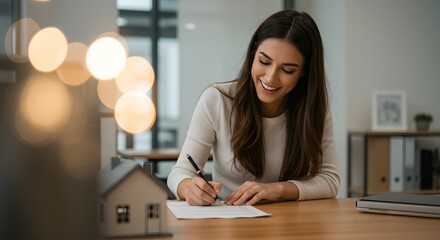 Happy Woman Signing Real Estate Documents, Home Purchase, New Homeowner,  Mortgage Agreement, Property Ownership