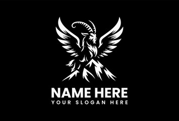 Detailed Winged Ibex Mountain Silhouette. Classic Fantasy Motif