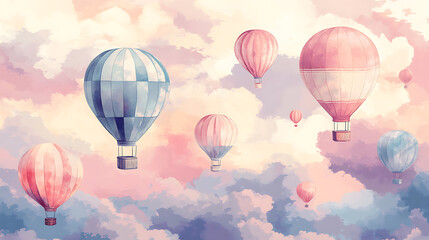 Fototapeta premium Watercolor hot air balloons float gently through a dreamy sky, evoking feelings of freedom and peace.