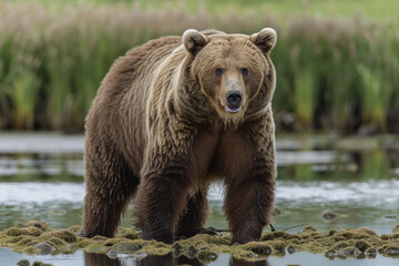 Beautiful harmony between a majestic brown bear and a serene swamp, showcasing bear's passion for hunting and fishing in a lively ecosystem, while highlighting peaceful coexistence of wildlife