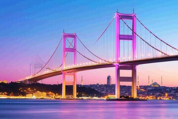 Obraz premium Colorful Twilight Skyline with Modern Bridge over Water in Istanbul