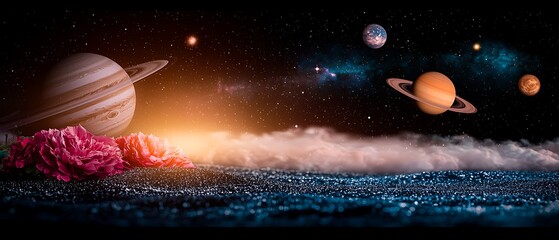 Fototapeta premium Planets loom over a spacey ocean backdrop with dreamy clouds and pink flowers