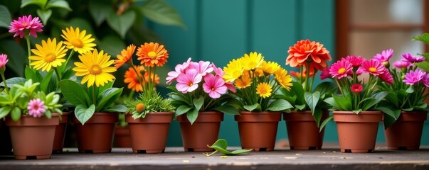 Assorted blooming potted flowers next to garden supplies, colorful, tools, supplies