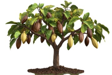 Lush cocoa tree laden with ripe pods showcasing the journey from green to brown against a on transparent background
